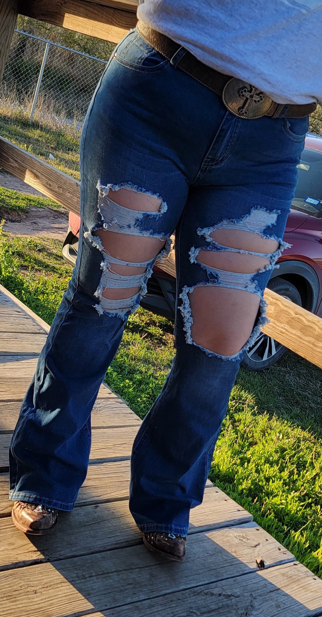 Distressed flare jeans