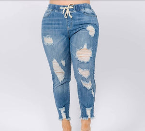 Plus size denim joggers with drawstrings