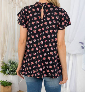 Frill Neckline Keyhole Back Floral Top