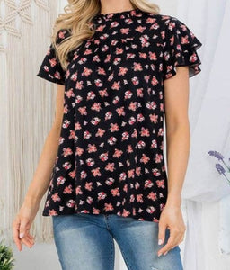 Frill Neckline Keyhole Back Floral Top