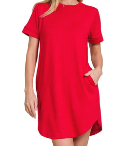 Rolled Short Sleeve V-neck Dress With Side Pockets