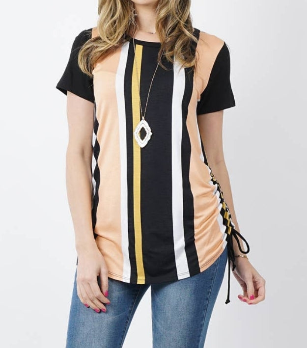 Short sleeve striped with side drawstring