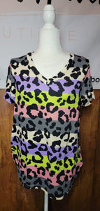 V-NECK Multicolor Stripes Leopard Print Top