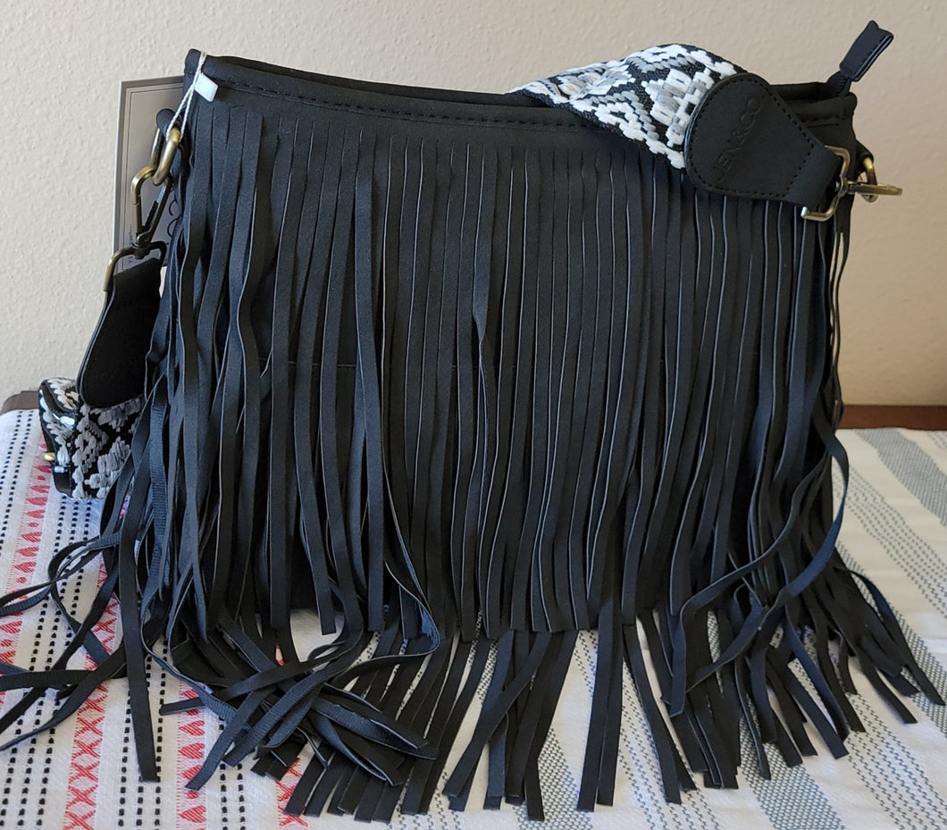 Faux Suede Fringe Crossbody w/ Guitar Strap