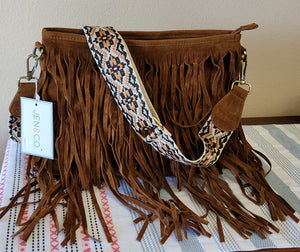 Faux Suede Fringe Crossbody w/ Guitar Strap